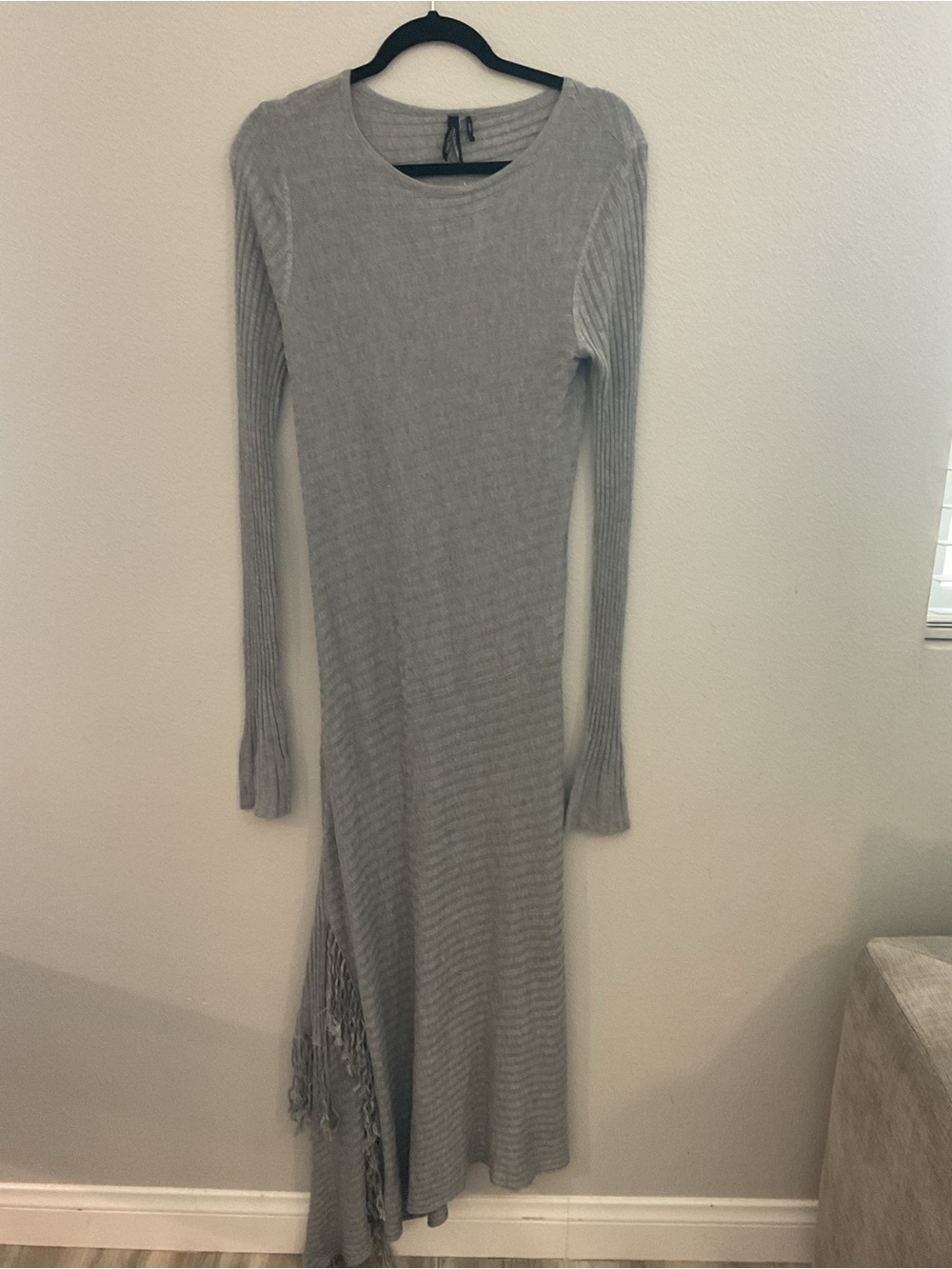 Marciano Gray Ribbed Long-Sleeve Maxi Dress with Fringe